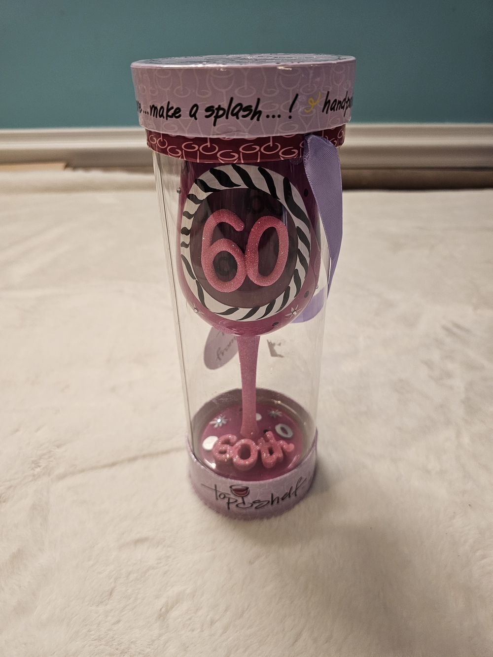 Top Shelf Hand Painted 60th Celebration Pink Glitter Stemmed Wine Glass